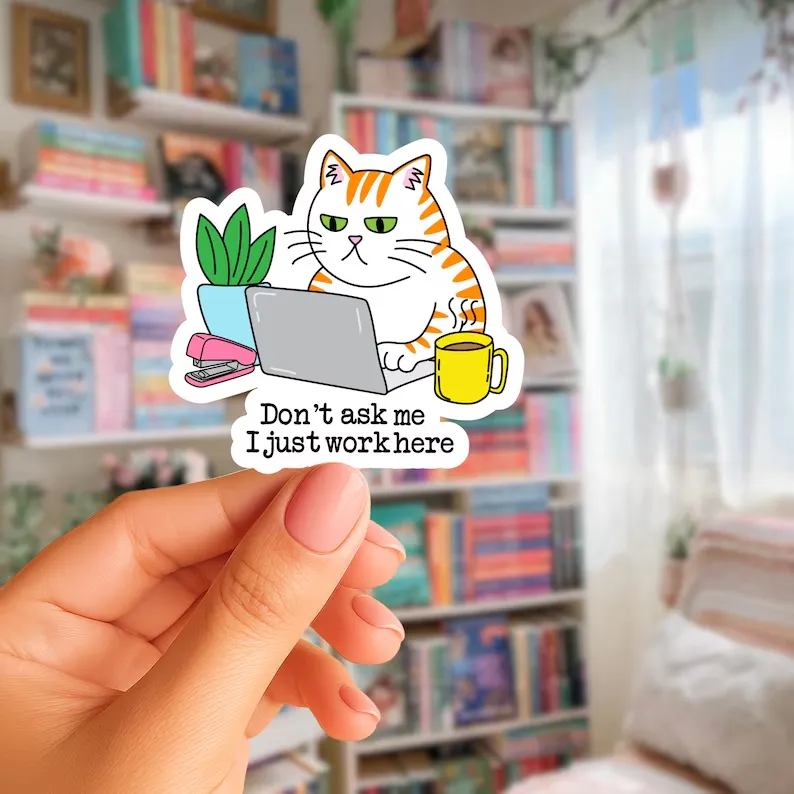 Funny Cat Office Sticker (Phone Size (3-inches), 1, Regular)